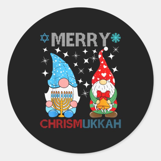 Merry Chrismukkah Funny Gnomes Christmas And Hanuk Classic Round Sticker (Front)