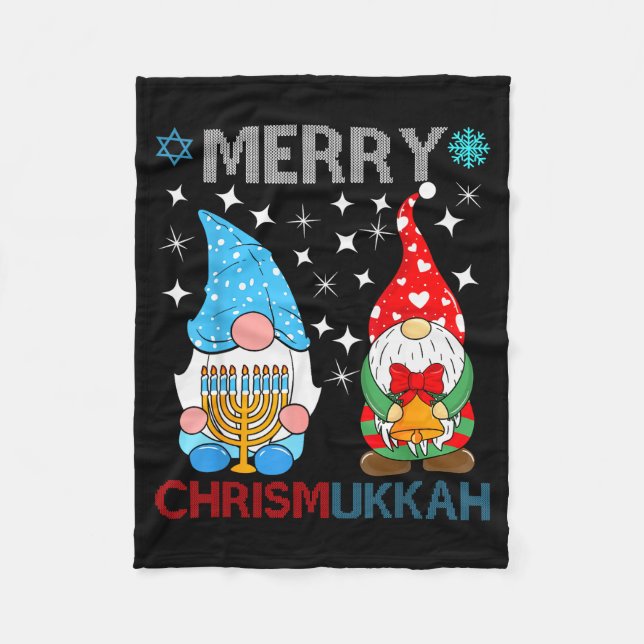 Merry Chrismukkah Funny Gnomes Christmas And Hanuk Fleece Blanket (Front)