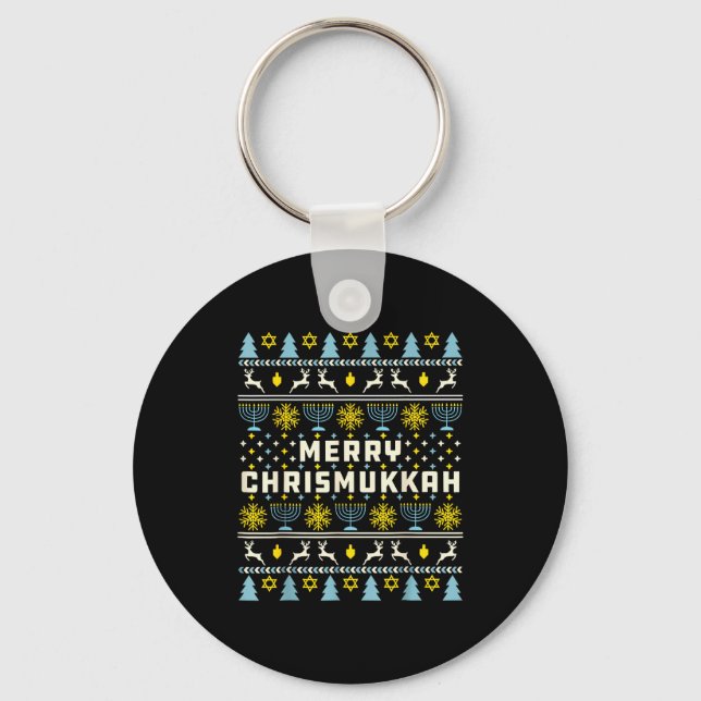 Merry Chrismukkah Happy Hanukkah Jew Ugly Christma Keychain (Front)