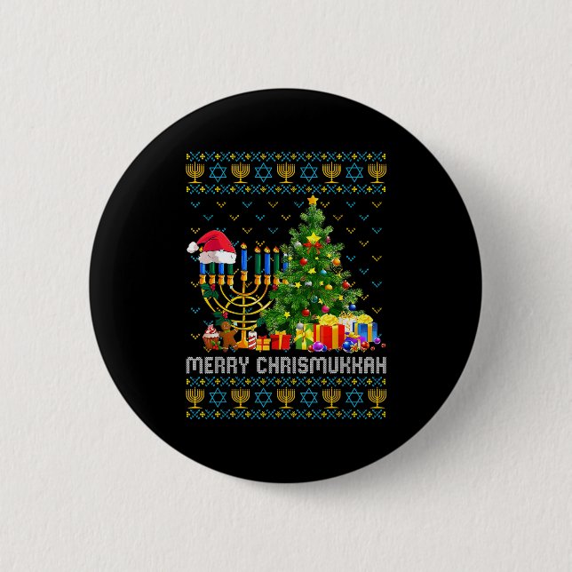 Merry Chrismukkah Happy Hanukkah Ugly Sweater Fami 2 Inch Round Button (Front)