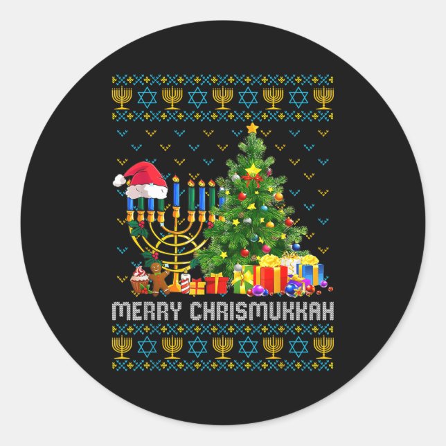 Merry Chrismukkah Happy Hanukkah Ugly Sweater Fami Classic Round Sticker (Front)