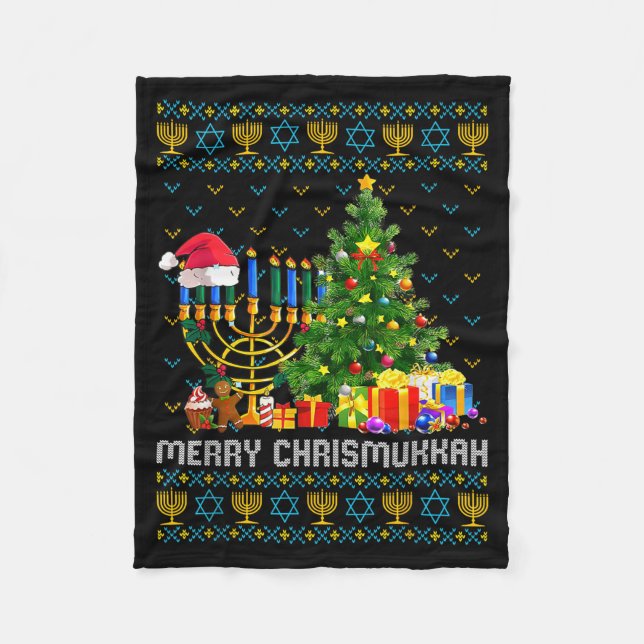 Merry Chrismukkah Happy Hanukkah Ugly Sweater Fami Fleece Blanket (Front)