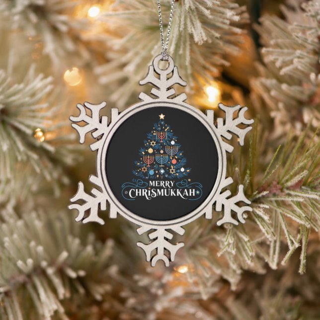 Merry Chrismukkah Jewish Holiday Hanukkah Snowflake Pewter Christmas Ornament (Tree)