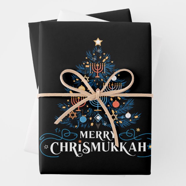 Merry Chrismukkah Jewish Holiday Hanukkah Wrapping Paper Sheet (In situ)