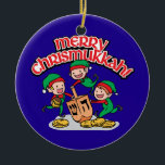 Merry Chrismukkah with Elves and Dreidels Ceramic Ornament<br><div class="desc">Add these fun interfaith (Hanukkah and Christmas) ornaments to your Chrismukkah celebrations this year. If you celebrate the holidays together, these are a nice touch. This is our design and you won't find it anywhere other than in our store. Chrismukkah is celebrated by people usually in families with both Jewish...</div>