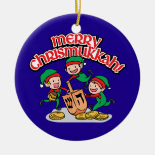 Merry Chrismukkah with Elves and Dreidels Ceramic Ornament