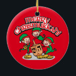 Merry Chrismukkah with Elves and Dreidels Ceramic Ornament<br><div class="desc">It's a true Chrismukkah for 2019! Christmas and Hanukkah fall over the same week! Add these fun interfaith (Hanukkah and Christmas) ornaments to your Chrismukkah celebrations this year. If you celebrate the holidays together, these are a nice touch. This is our design and you won't find it anywhere other than...</div>