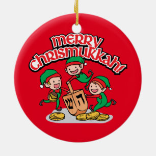 Merry Chrismukkah with Elves and Dreidels Ceramic Ornament