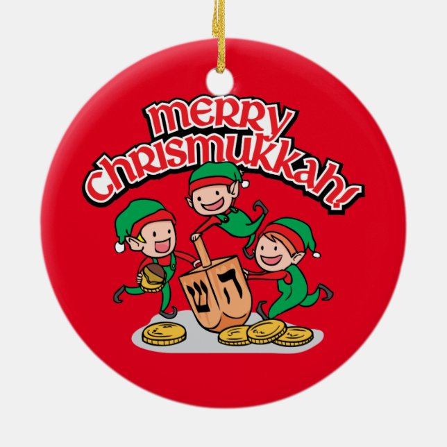 Merry Chrismukkah with Elves and Dreidels Ceramic Ornament (Back)