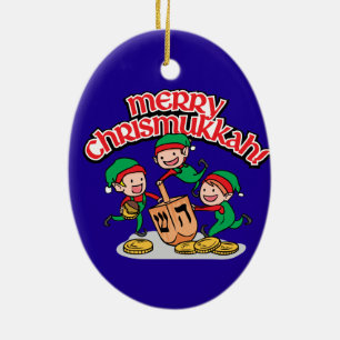 Merry Chrismukkah with Elves and Dreidels Ceramic Ornament
