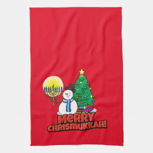 Merry Chrismukkah with Snowman and Menorah Kitchen Towel