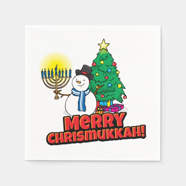 Merry Chrismukkah with Snowman and Menorah Napkin (Front)