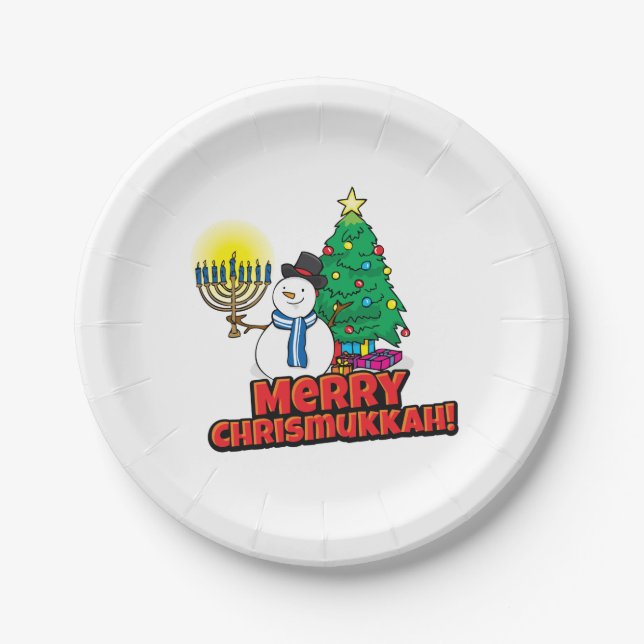 Merry Chrismukkah with Snowman and Menorah Paper Plate (Front)