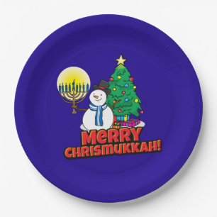 Merry Chrismukkah with Snowman and Menorah Paper Plate