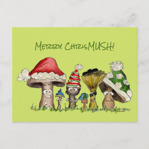 Merry ChrisMUSH Christmas Mushrooms Cartoon Holiday Postcard