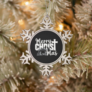 Merry Christ Mas Christian Christmas Jesus Family Snowflake Pewter Christmas Ornament