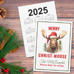 Merry Christ-moose Christmas Moose Calendar Holiday Card<br><div class="desc">Embrace the holiday spirit with our charming Christmas card/calendar, featuring a lovable moose donning a Santa hat on the front, accompanied by the punny greeting “Merry Christ-moose”. On the back you’ll find a convenient calendar for your recipient to enjoy for the entire year. This card is perfect for sending warm...</div>