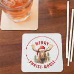 Merry Christ-moose Funny Christmas Moose Square Paper Coaster<br><div class="desc">Embrace the holiday spirit with our charming Christmas Coasters, featuring a lovable moose donning a Santa hat accompanied by the punny greeting “Merry Christ-moose”. This coaster is perfect for spreading laughter and joy during your holiday parties! The whimsical design and clever word play make it a unique and delightful addition...</div>