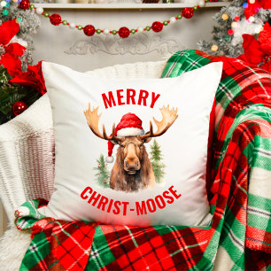 Merry Christ-moose Funny Christmas Moose Throw Pillow