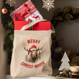 Merry Christ-moose Funny Christmas Moose Tote Bag