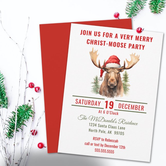 Merry Christ-moose Funny Moose Christmas Party Invitation (Creator Uploaded)