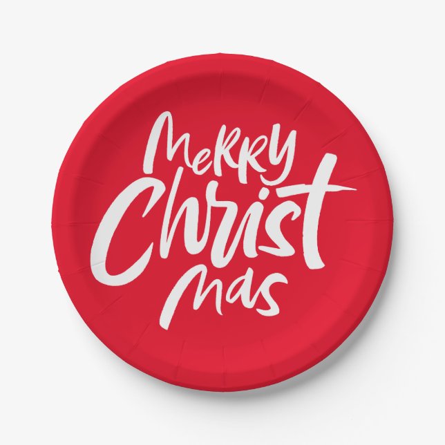 Merry Christian Christmas Lettering Religious Red Paper Plate (Front)