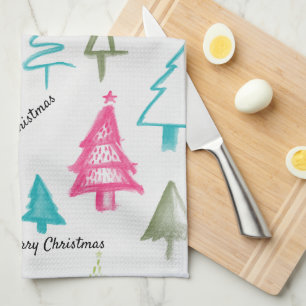Merry Christma Multicolor Abstract Holiday Trees   Kitchen Towel