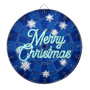 Merry Christma - Snowflakes & Dark Blue Background Dartboard