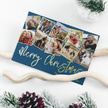 Merry Christmas 10 Photo Collage Foil Holiday Card<br><div class="desc">Elegant christmas holiday gold foil card featuring a stylish deep blue background,  a 10 square photo collage capturing memories throughout the year,  the seasons greetings 'merry christmas',  family name,  and the year.</div>