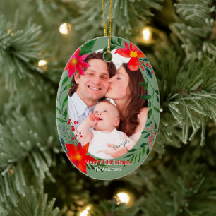 Merry Christmas 1 Photo Watercolor Floral Holiday Ceramic Ornament