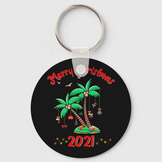 Merry Christmas 2021 Palm Tree Ornament Tropical Keychain (Front)