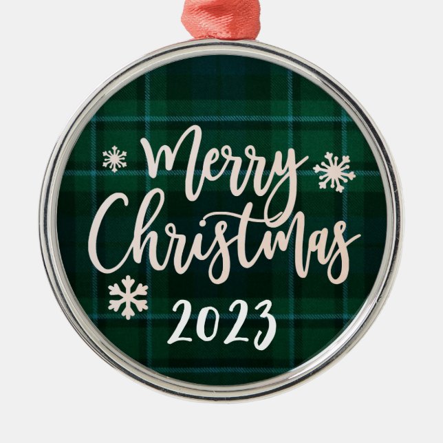 Merry Christmas 2023 Green Plaid Metal Ornament (Front)