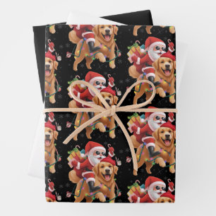 Merry Christmas 2025 Santa Riding Golden Retriever Wrapping Paper Sheet