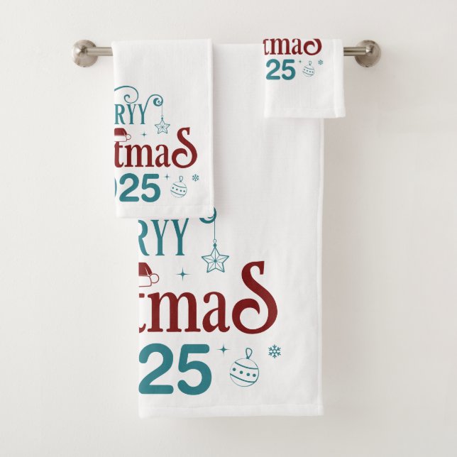 Merry Christmas 2025 White Bath Towel Set (Insitu)