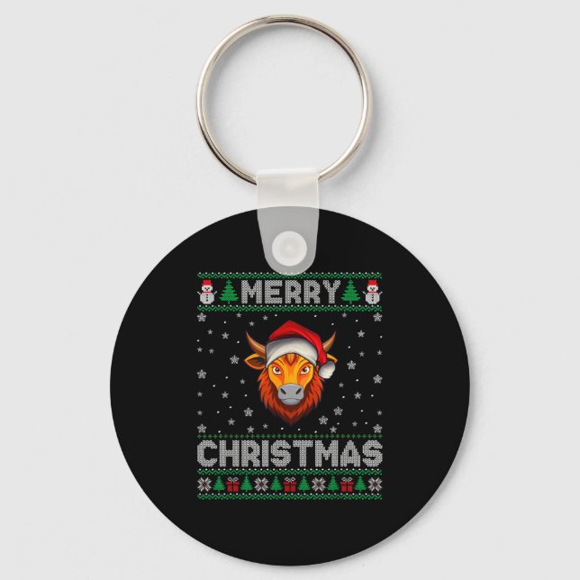 Merry Christmas 2025 Yak Santa Hat Ugly Xmas  Keychain (Front)