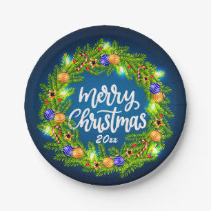 Merry Christmas 20XX Green Wreath on Blue 7" Paper Plate