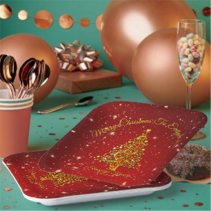Merry Christmas 20XX Red Gold Tree Stars 9" Square Paper Plate