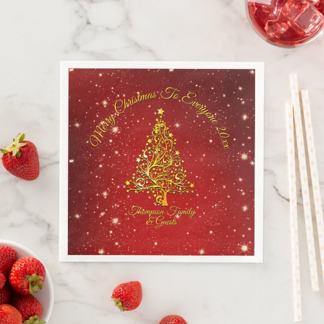 Merry Christmas 20XX Red Gold Tree Stars  Napkin (Insitu)