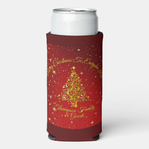 Merry Christmas 20XX Red Gold Tree Stars  Seltzer Can Cooler