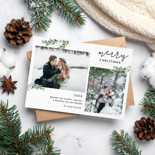 Merry Christmas 2 Photo Elegant Greenery Holiday Card