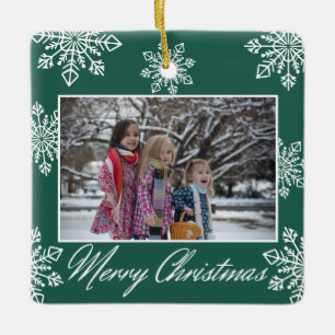 Merry Christmas 2 Photo Green And White Snowflakes Ceramic Ornament