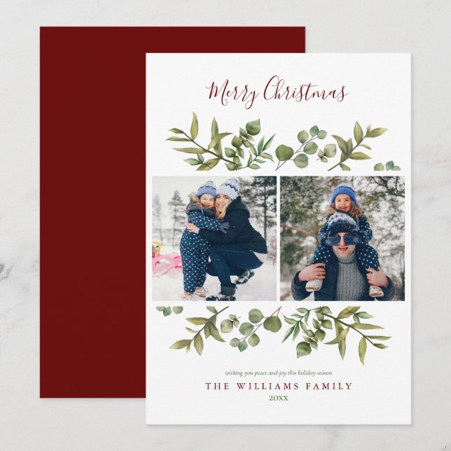 Merry Christmas 2 Photo Modern Greenery Foliage Holiday Card (Front/Back)