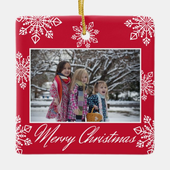Merry Christmas 2 Photo Red And White Snowflakes  Ceramic Ornament (Front)