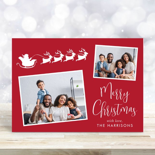 Merry Christmas 2 Photo Santa Sleigh Holiday Card (Share the love and warmth of the holiday season with this personalized photo Christmas card)