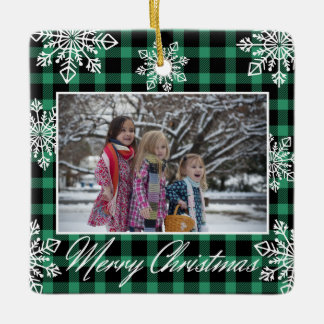 Merry Christmas 2 Photo Snowflakes Green Plaid Ceramic Ornament