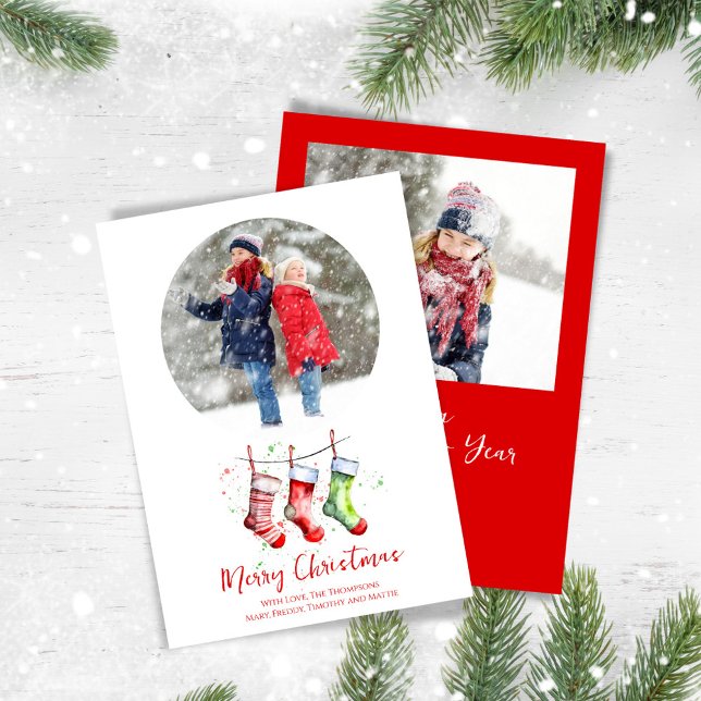 Merry Christmas 2 Photo Watercolor Stockings Holiday Card (Whimsical holiday photo cards with watercolor stockings. )