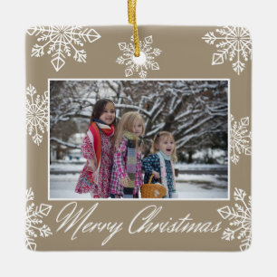 Merry Christmas 2 Photo White Snowflakes Khaki Ceramic Ornament