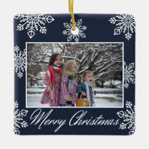 Merry Christmas 2 Photo White Snowflakes Navy Ceramic Ornament