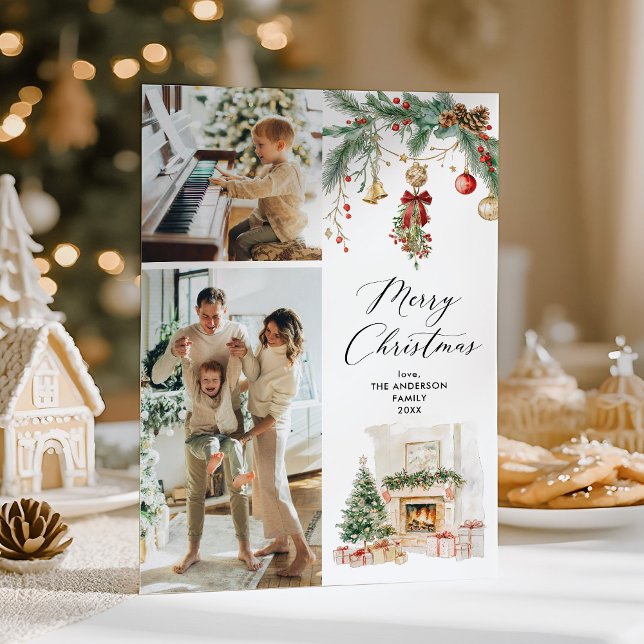 Merry Christmas 2 Photo Winter Scene & Greenery Holiday Card (Creator Uploaded)