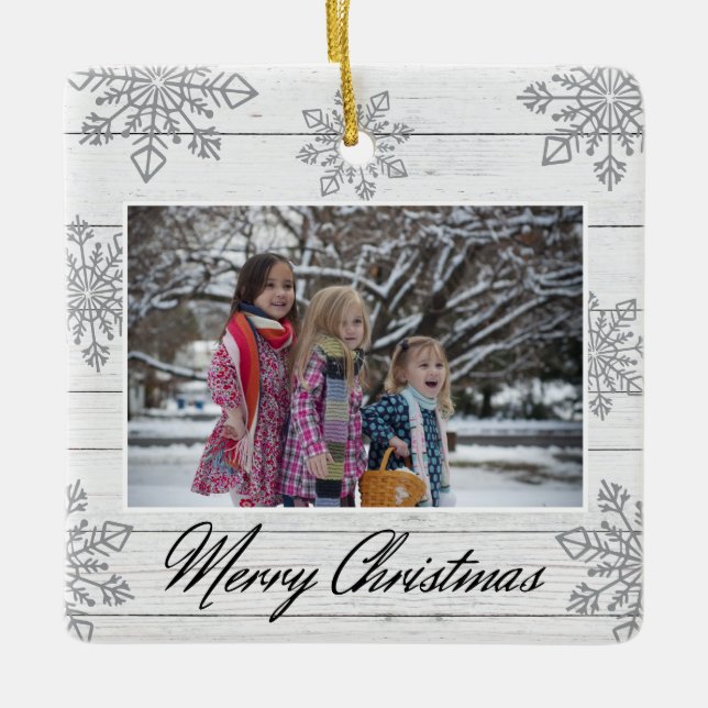 Merry Christmas 2 Photo Wood Silver Snowflakes  Ceramic Ornament (Front)